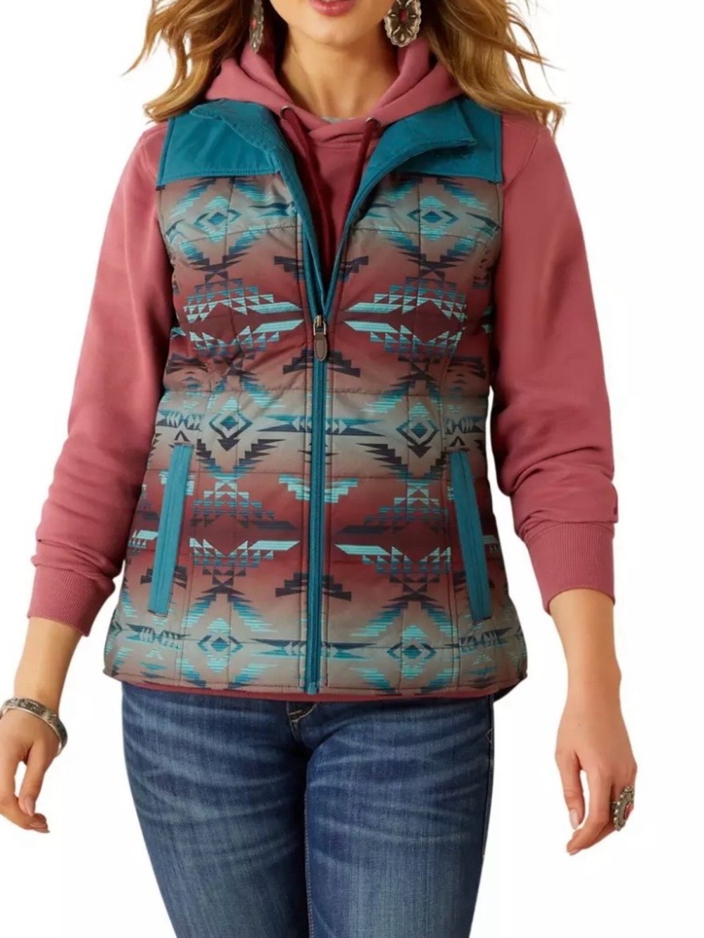 Ariat Teal and Burgundy Aztec Print Quilted Vest